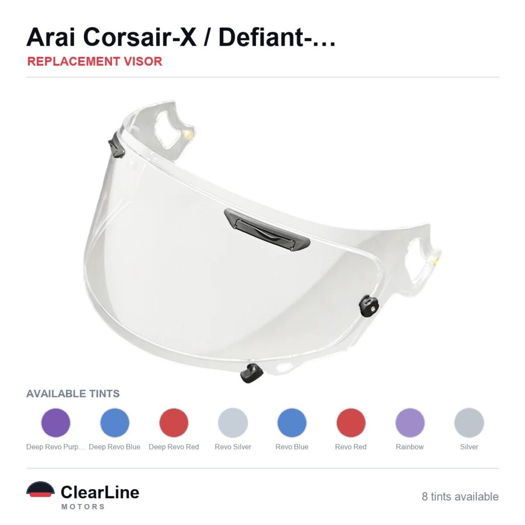 Arai Corsair-X / Defiant-X / Quantum-X / QV-Pro & more Replacement Visor — Iridium, Smoke, Clear Tints