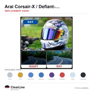 Arai Corsair-X / Defiant-X / Quantum-X / Rapide-Neo & more Replacement Visor — Iridium, Smoke, Clear Tints
